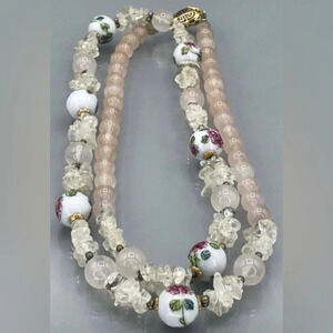VINTAGE 1970s Assorted Rose Quartz and White Earth-Stones & Beads Boho Necklace